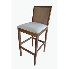 Banqueta Alta Iris Artsoli Madeira Castanho Claro com Encosto Entrelaçado Linho Bege