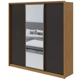 Roupeiro Spazio Lopas 3 Portas Correr 245cm com Espelho Amêndoa/Preto/Amêndoa - Outlet