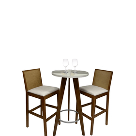 Conjunto Mesa Bistrô Alta Artsoli 60cm Castanho Claro com Vidro + Duas Banquetas Alta Artsoli Iris Madeira Castanho Claro com Encosto Entrelaçado Linh
