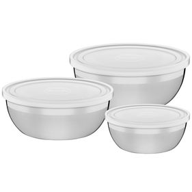 Jogo de Potes em Aço Inox com Tampa Plástica Tramontina Freezinox 3 Peças - Outlet