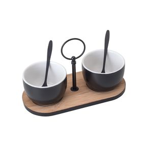 Conjunto Bandeja de Bambu com 2 Molheiras de Cerâmica e 2 Colheres de Aço Inox Coliseu