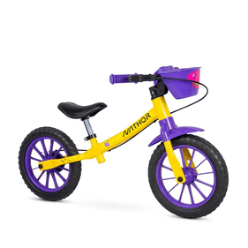 Bicicleta Nathor Aro 12 Balance Bike Gardenfly Sem Pedal Com Cestinha Amarelo com Roxo - Outlet