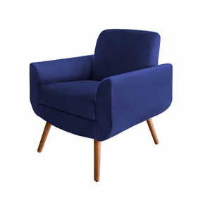 Poltrona Turim 74cm Konfort Pé Palito Castanho Veludo Azul