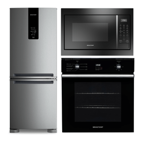 Kit Cozinha Profissional Brastemp: Forno de Embutir Elétrico 84L BOC84A + Micro-ondas de Embutir 32L BM146A + Refrigerador 447L BRE57FK Platinum