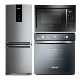 Kit Cozinha Profissional Brastemp: Forno de Embutir Espelhado 84L BOC84AR + Micro-ondas de Embutir 32L BM146A + Refrigerador 447L BRE57FK Platinum