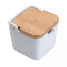 Saleiro de Mesa de Cerâmica Coliseu com Tampa de Bambu e Colher