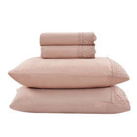 Jogo de Roupa de Cama Queen 4 Peças Hedrons Rendas Toque de Algodão Rosa