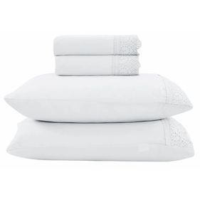 Jogo de Roupa de Cama King 4 Peças Hedrons Rendas Toque de Algodão Branco