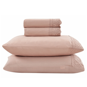 Jogo de Roupa de Cama King 4 Peças Hedrons Rendas Toque de Algodão Rosa Tule