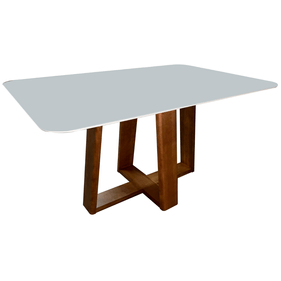 Mesa Retangular Manu Menegaz 160x90cm Canto Moeda Noce Tampo de Vidro Off White