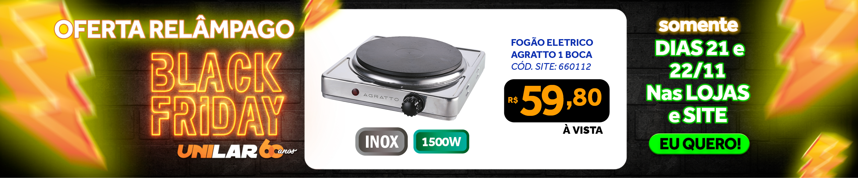 Fogão Elétrico de Mesa 1 Boca Agratto 1500W Inox Inox 220V