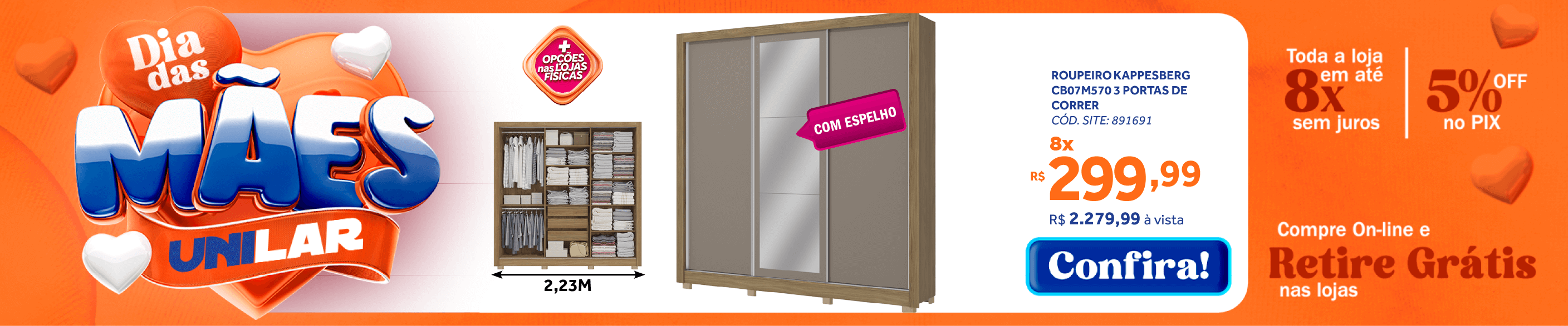 Roupeiro CB07M570 Kappesberg 223cm 3 Portas Flex com Espelho Nogueira e Fendi