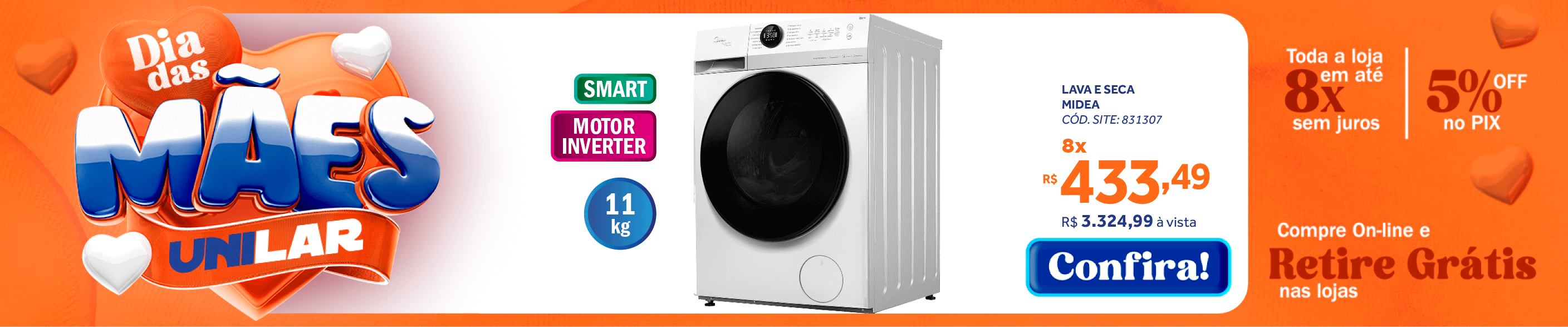 Lava e Seca Midea 11KG MF200D110WB/WK-02 HealthGuard Smart Motor Inverter Branco 220V