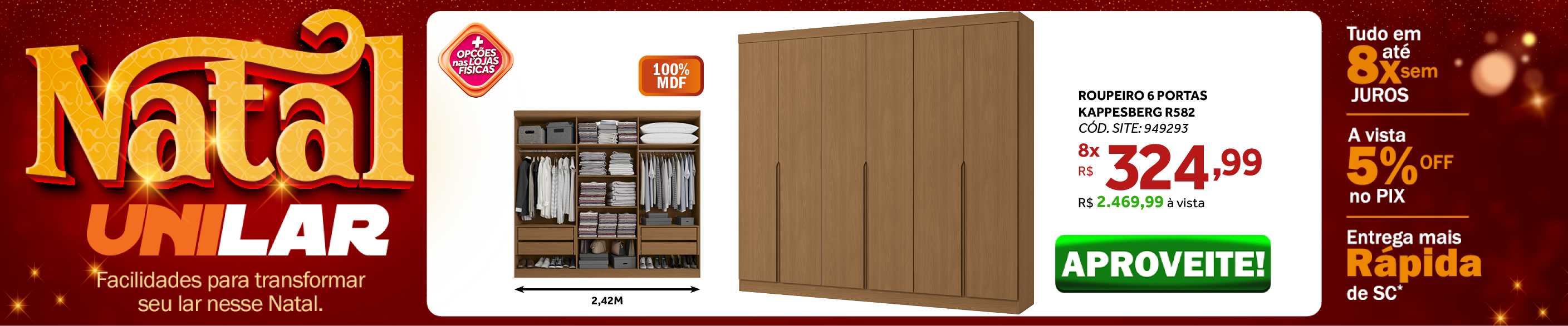 Roupeiro R582 Kappesberg 100%MDF 6 Portas 242cm Canela