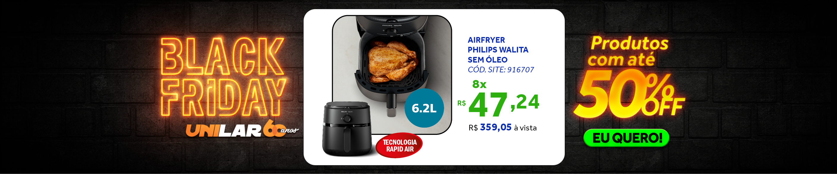 Fritadeira Elétrica Sem Óleo AirFryer 6,2L Philips Walita Preto 220V