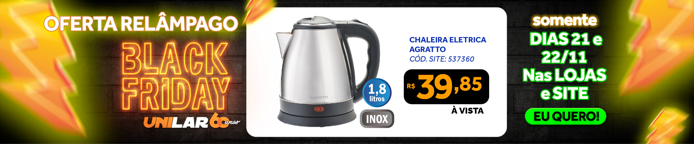 Chaleira Elétrica Agratto 1,8L CE-02 Inox 220V