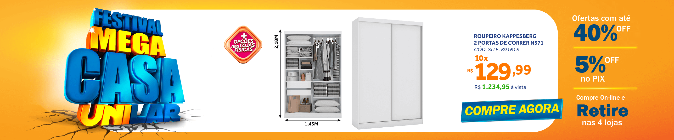 Roupeiro N571 Kappesberg 143cm 2 Portas Flex Branco e Macadâmia