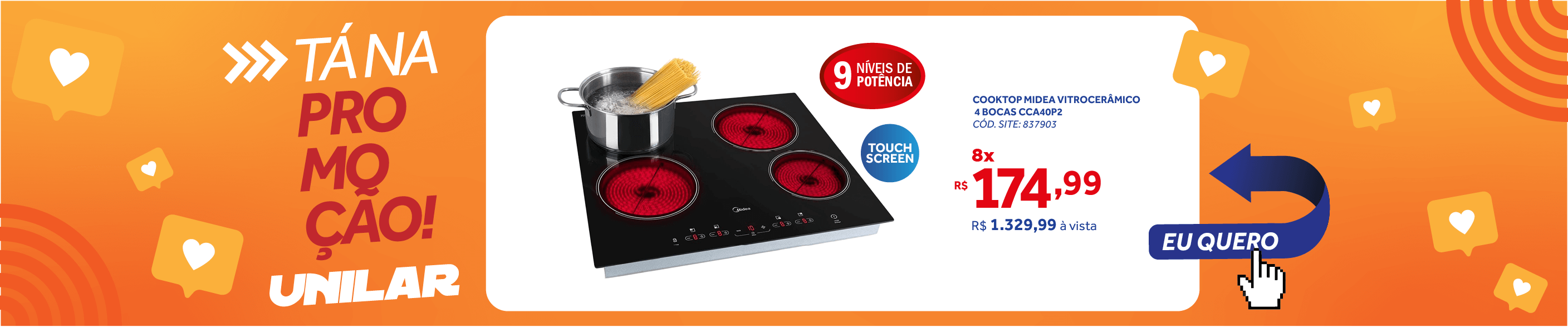 Cooktop Midea 4 Bocas Elétrico Controle Touch Screen Vitrocerâmico CCA40P2 220V