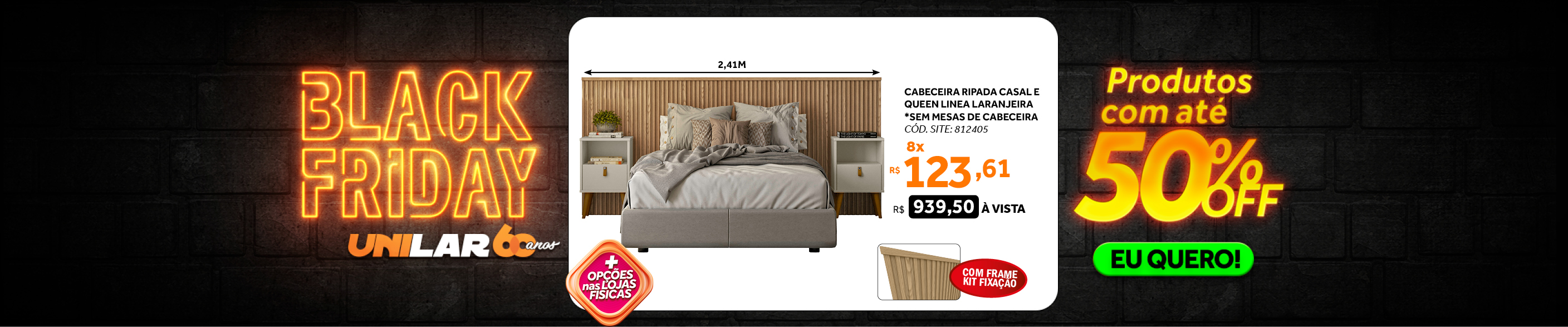 Cabeceira Casal/Queen Laranjeira Linea 241cm com Kit Frame Carvalho