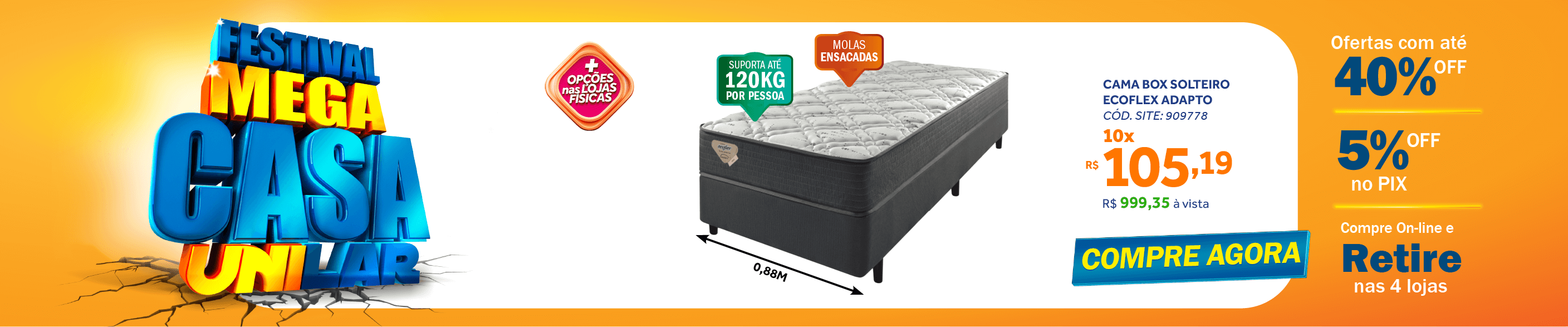 Conjunto Cama Box Solteiro Adapto Ecoflex 88x188x61 Molas Ensacadas Wide