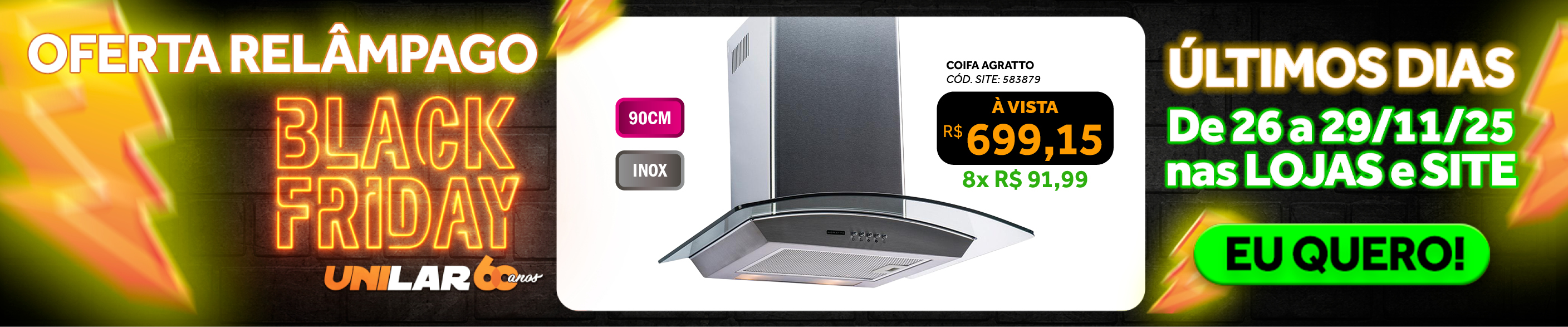 Coifa Agratto 90Cm de Parede Vidro CPV90 02 Inox 220V