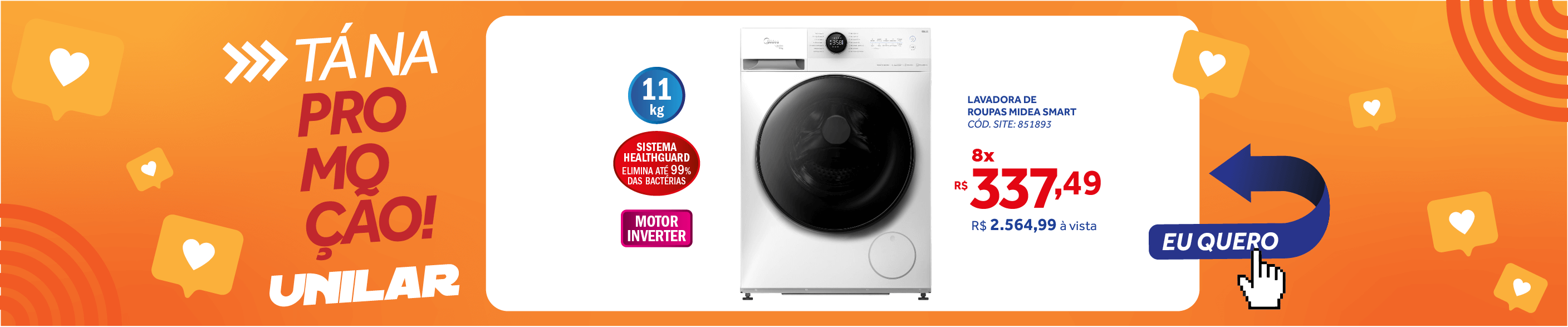 Lavadora de Roupas Midea 11KG MF200W110WB HealthGuard Smart Motor Inverter Branco 220V