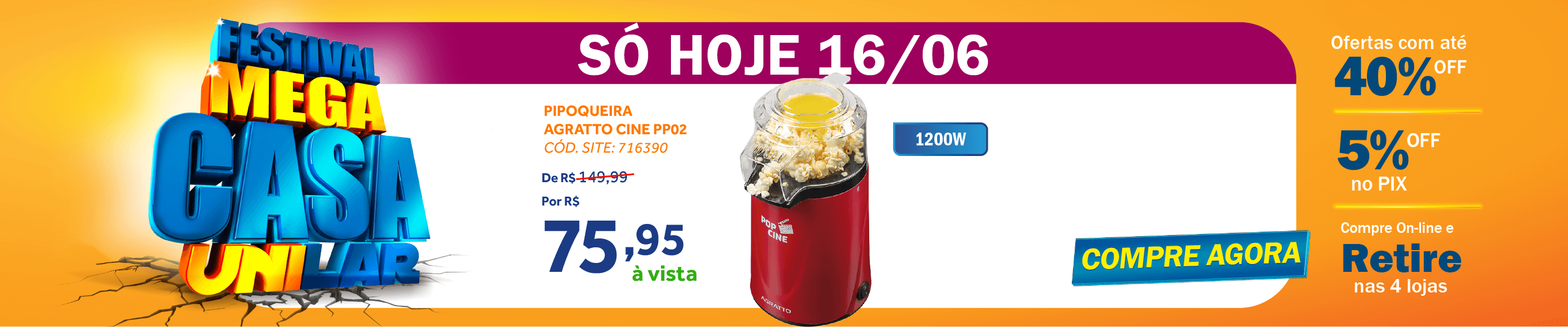 Pipoqueira Agratto Pop Cine 1200W PP-02 Vermelho 220V
