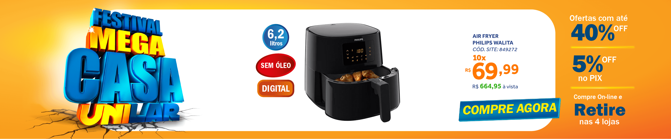 Fritadeira Elétrica Sem Óleo AirFryer 6,2L Philips Walita XL Digital Preto 220V