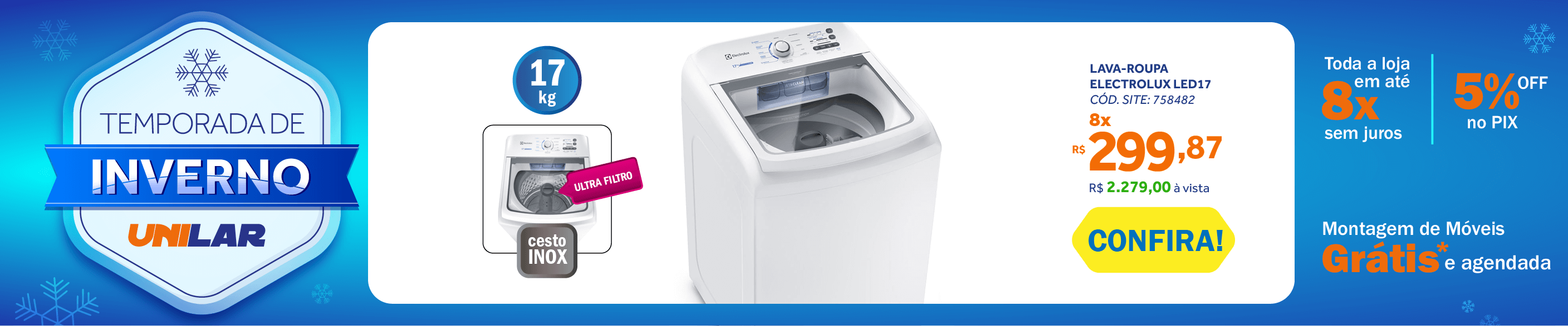 Lavadora de Roupas Electrolux 17Kg Essential Care Cesto Inox Jet Clean Ultra Filter LED17 Branco 220V