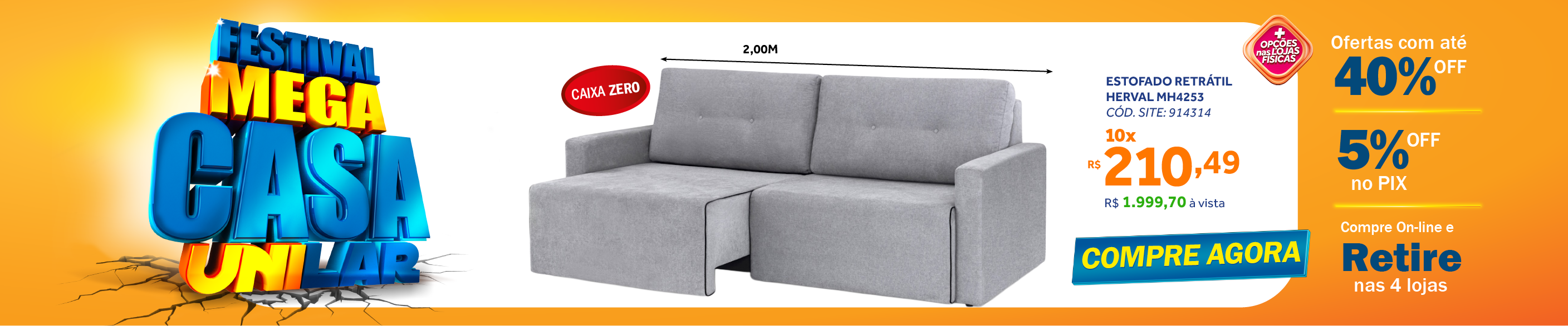 Sofá MH4253 200cm Herval 2 assentos Retráteis Linho Cinza