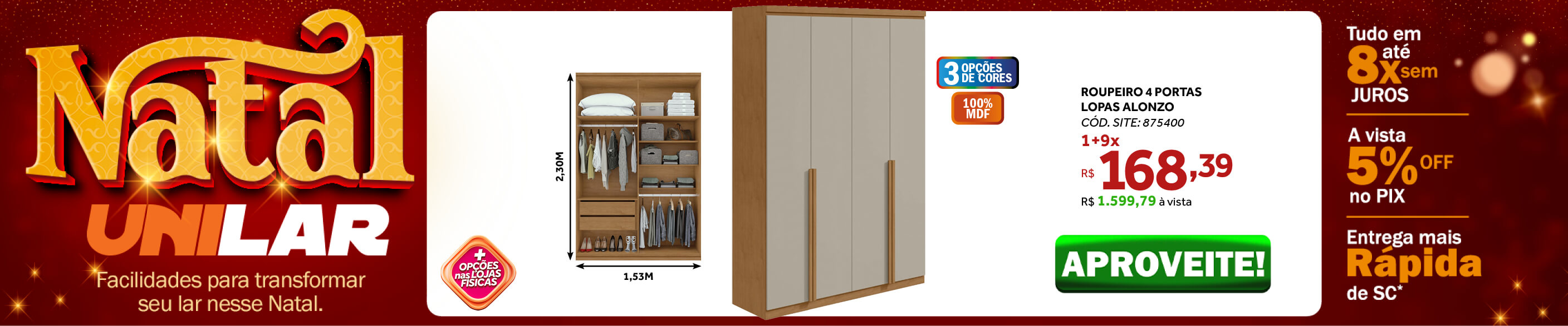 Roupeiro Alonzo Lopas 4 Portas com Puxador em Madeira 153cm Amêndoa/Off White