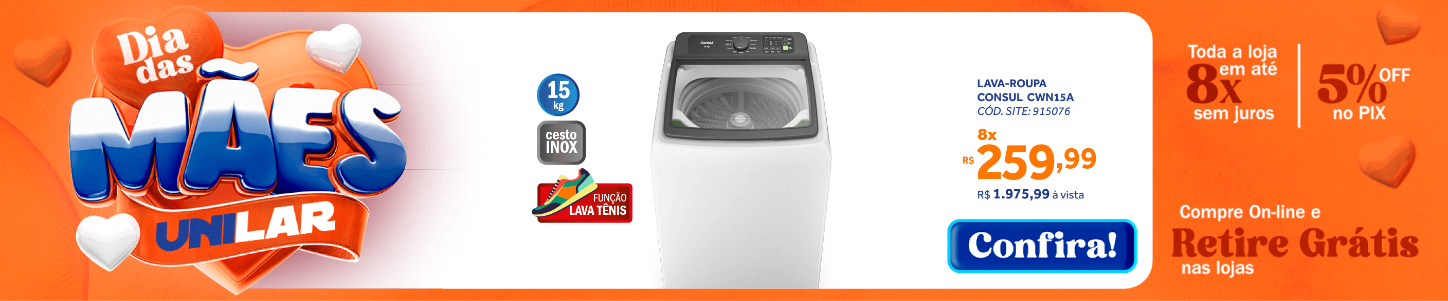 Lavadora de Roupas Consul 15Kg CWN15A Modo Eco Cesto Inox Branco 220V