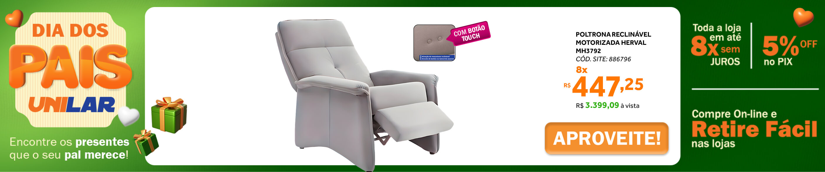 Poltrona Reclinável do Papai Herval 3792 com Atuador Touch Cinza