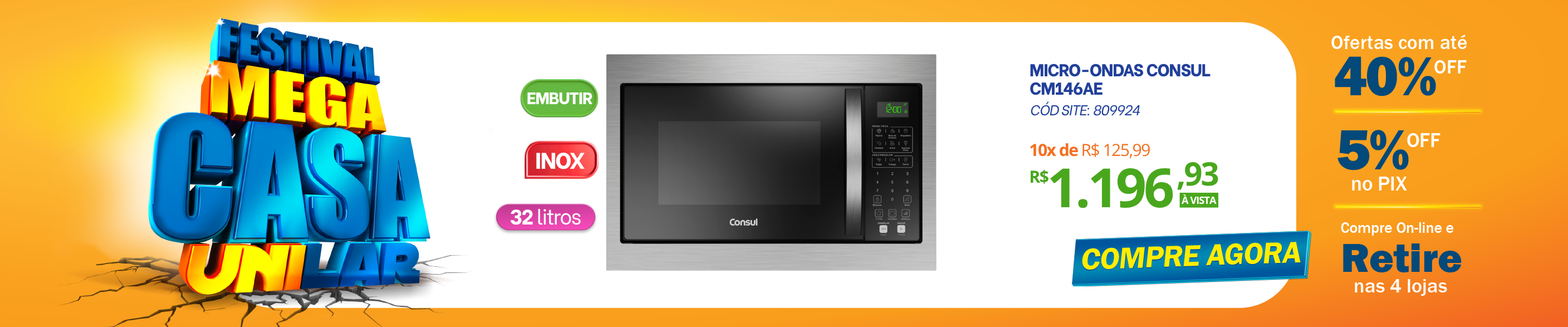 Micro-ondas de Embutir Consul 32L CM146AE Menu Fácil Inox/Preto 220V