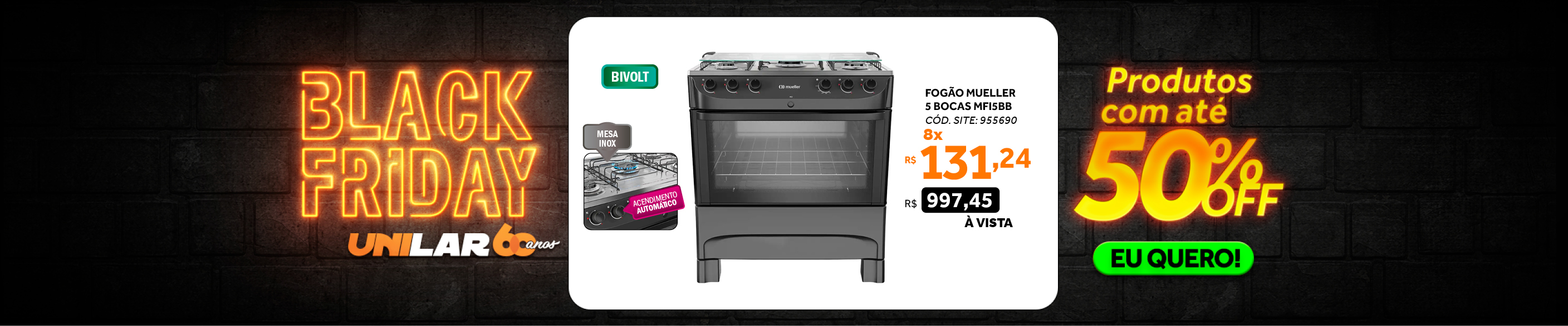 Fogão 5 Bocas Mueller MFI5BB Acendimento Automático Inox Bivolt