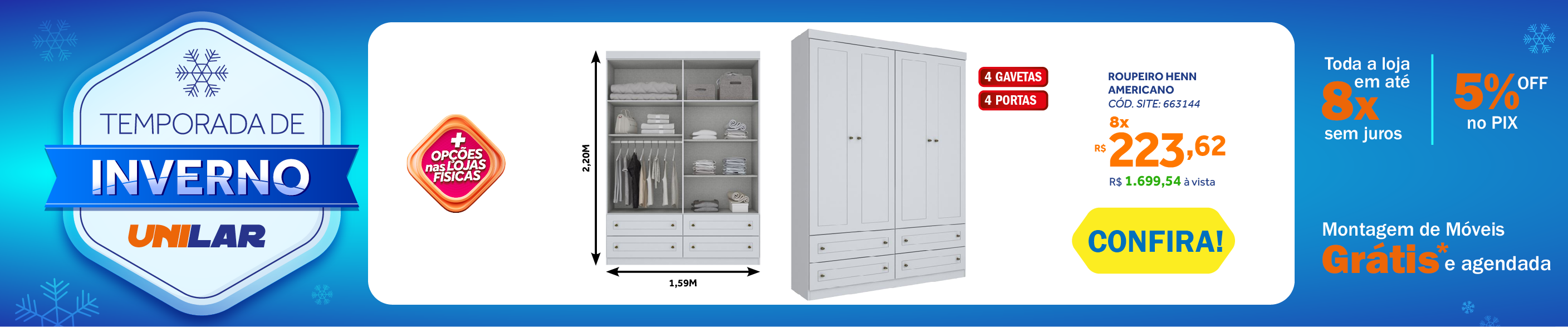        Roupeiro Americano Henn 159cm 4 Portas 4 Gavetas Branco