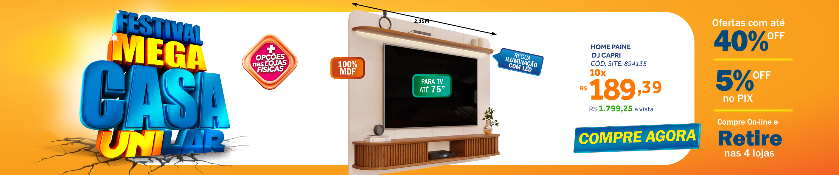 Painel Capri com Led 215cm DJ Móveis Off White e Freijó
