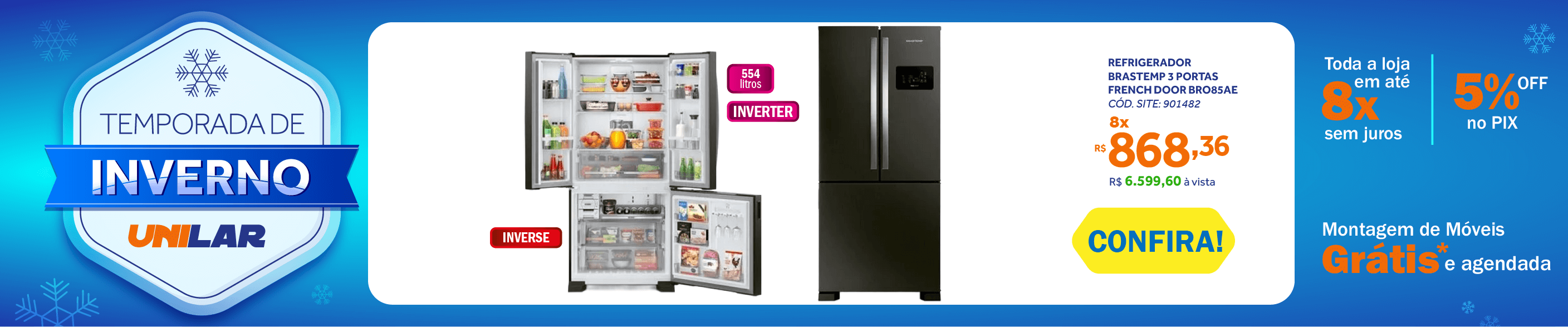Refrigerador Brastemp 554L BRO85 3 Portas French Door Inverter Black Inox 220V