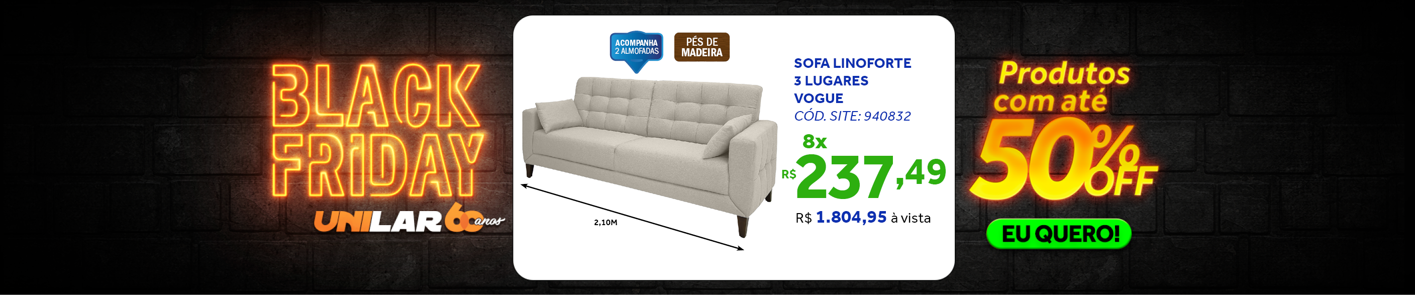 Sofá Living Vogue 210cm Linoforte 2 Assentos Pé de Madeira Linho Cinza