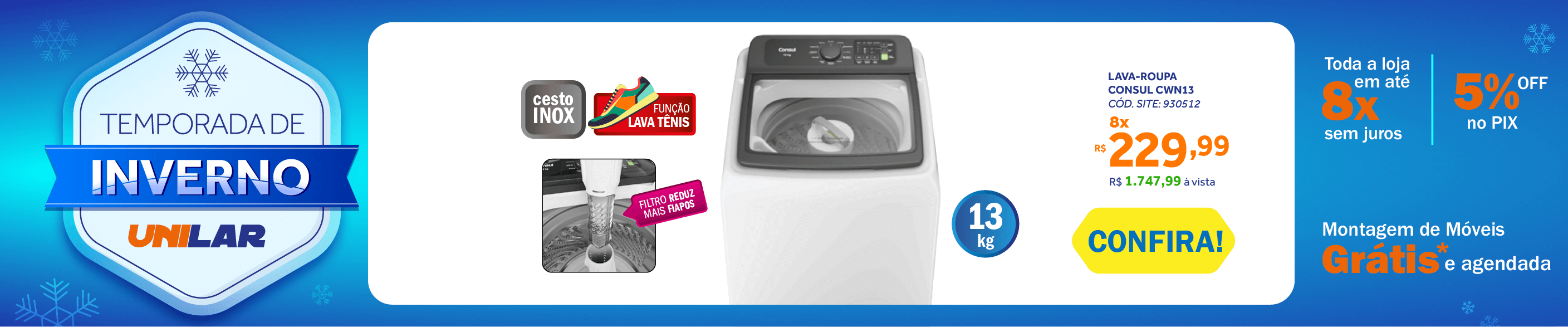 Lavadora de Roupas Consul 13Kg CWN13AB Modo Eco Cesto Inox Branco 220V