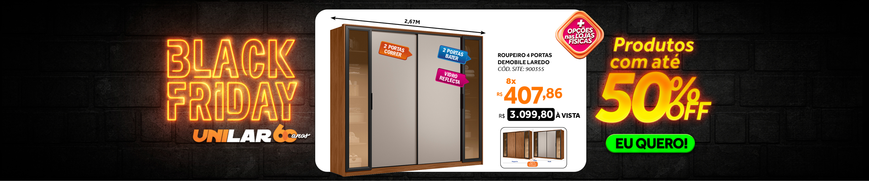 Roupeiro Laredo Demóbile 267cm 4 Portas 4 Gavetas Flex Nogueira/Nude