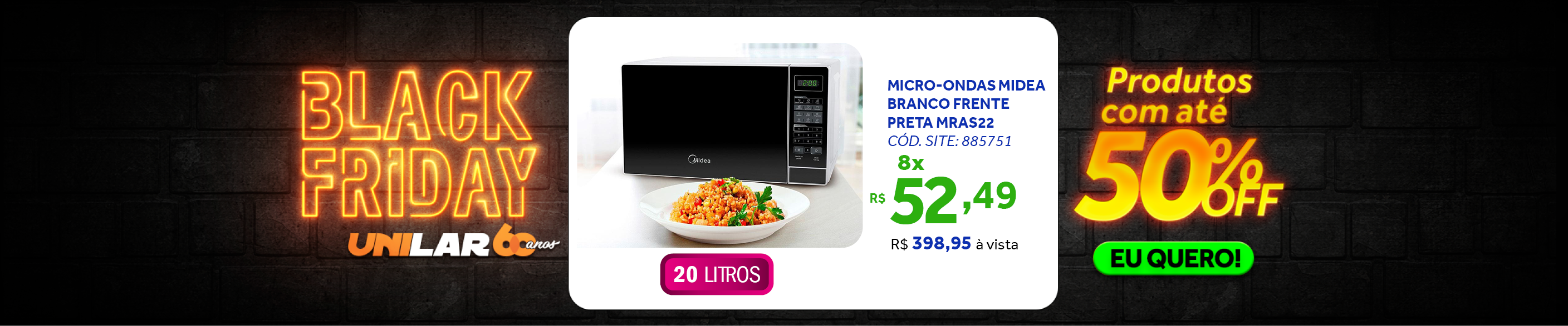 Micro-ondas Midea 20L Minuto Fácil Preto e Branco 220V