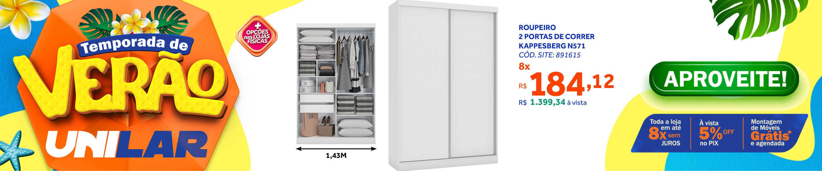 Roupeiro N571 Kappesberg 143cm 2 Portas Flex Branco e Macadâmia