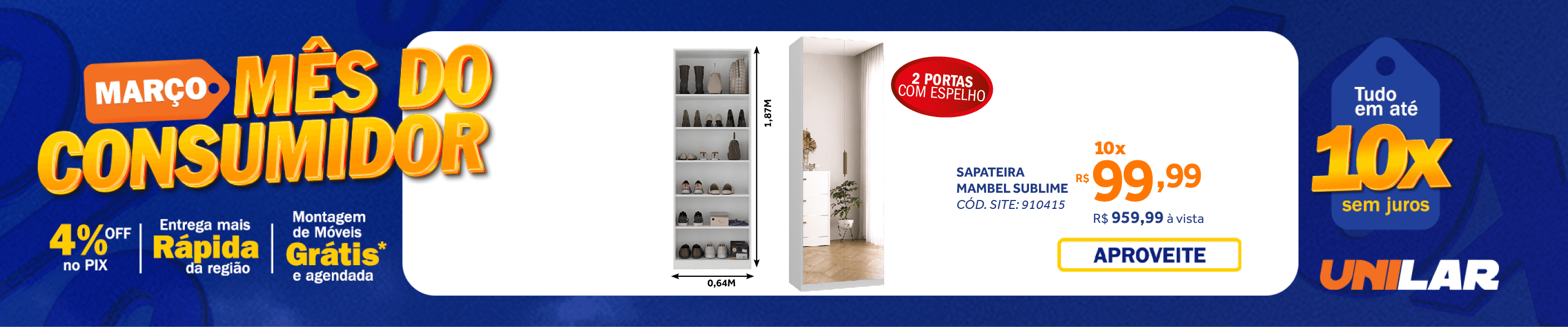 Sapateira Sublime Mambel 64x187 com 2 Portas de Espelho