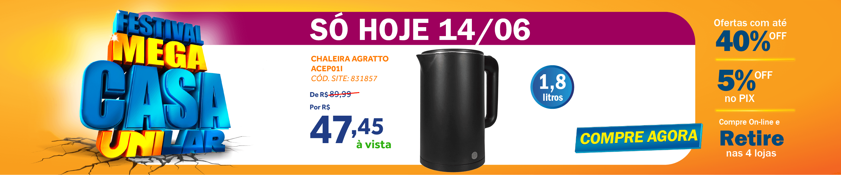 Chaleira Elétrica Agratto 1,8L ACEP01I-02 Preto 220V