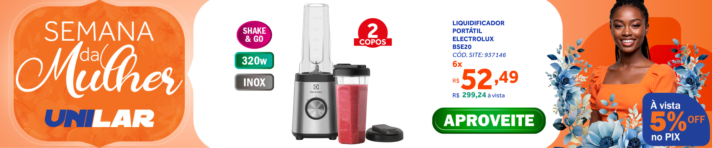 Liquidificador Portátil Electrolux 0,6L BSE20 Efficient Sport Blender 320W Inox