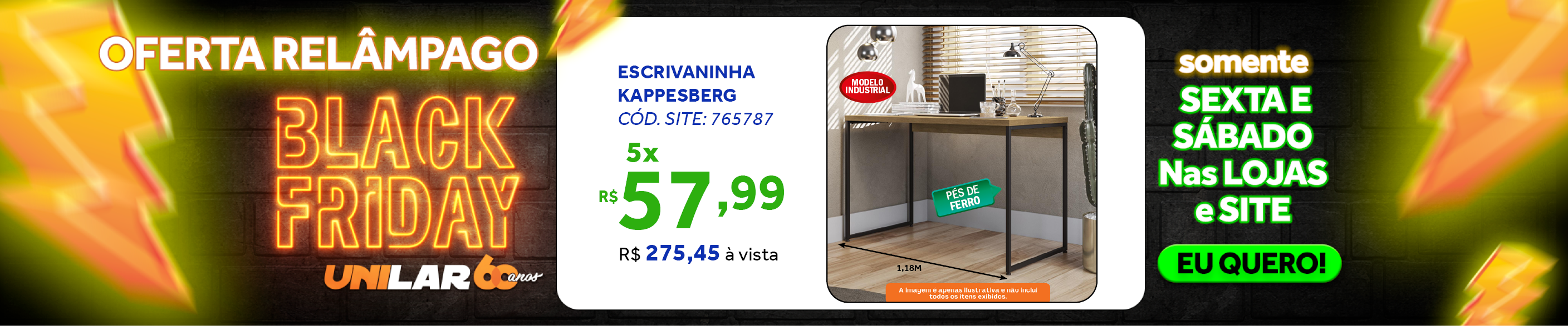 Escrivaninha Industrial Kappesberg LI002 118cm Freijó e Preto