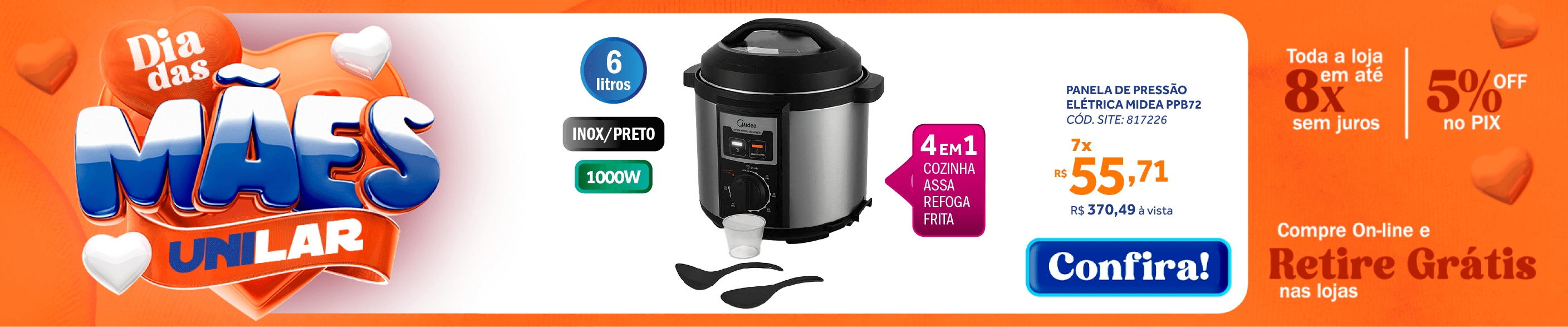 Panela de Pressão Elétrica Midea 6L Mecânica Practia PPB72 Inox/Preto 220V