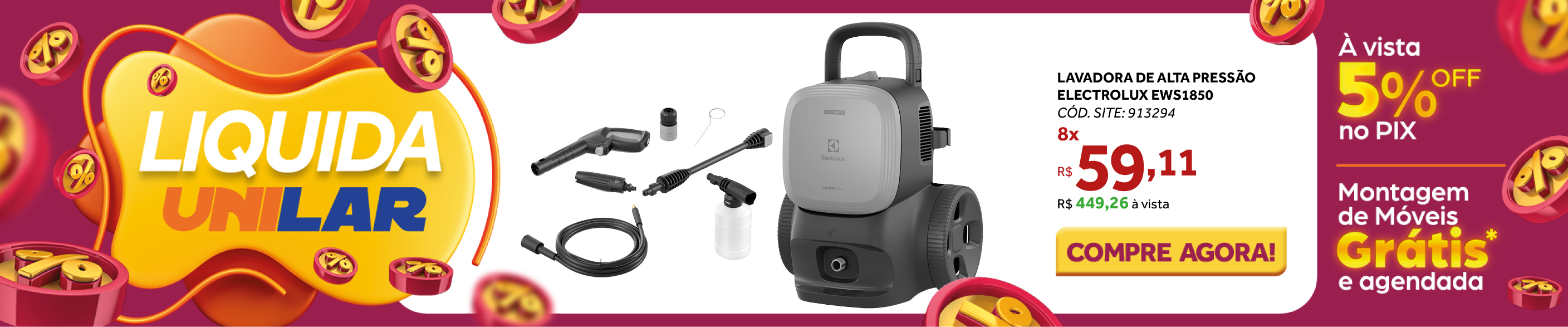 Lavadora de Alta Pressão Electrolux EWS1850 1850PSI Urban Grey 220V