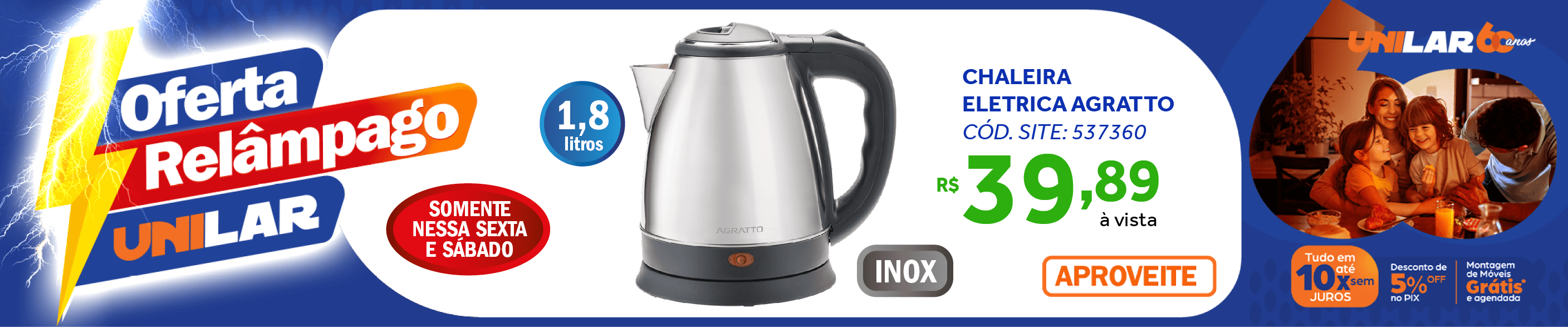 Chaleira Elétrica Agratto 1,8L CE-02 Inox 220V